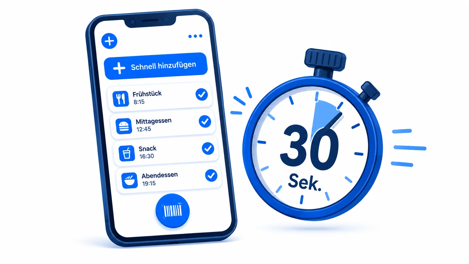 Eine App mit vier eingetragenen Mahlzeiten und einer 30-Sekunden-Uhr